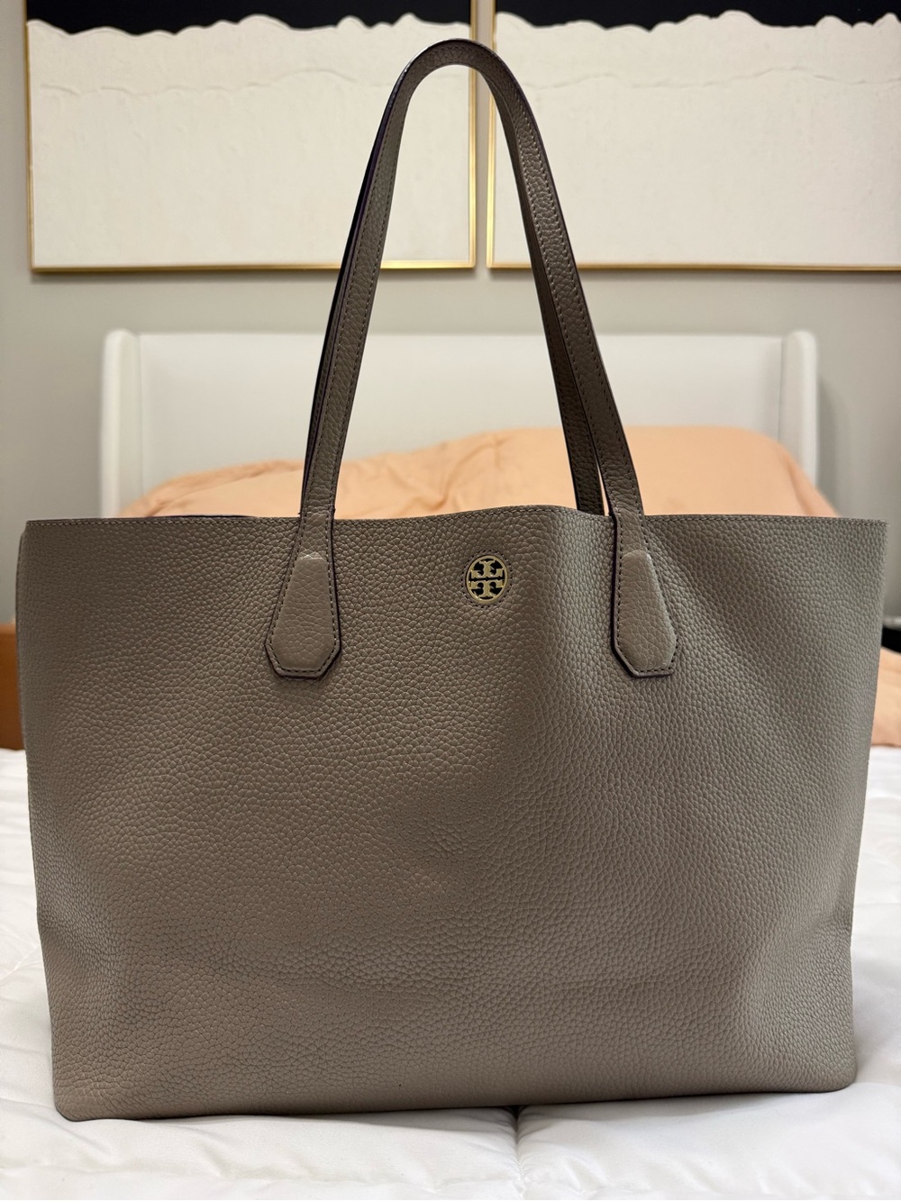 Tory Burch Taupe Leather Tote with Gold Logo